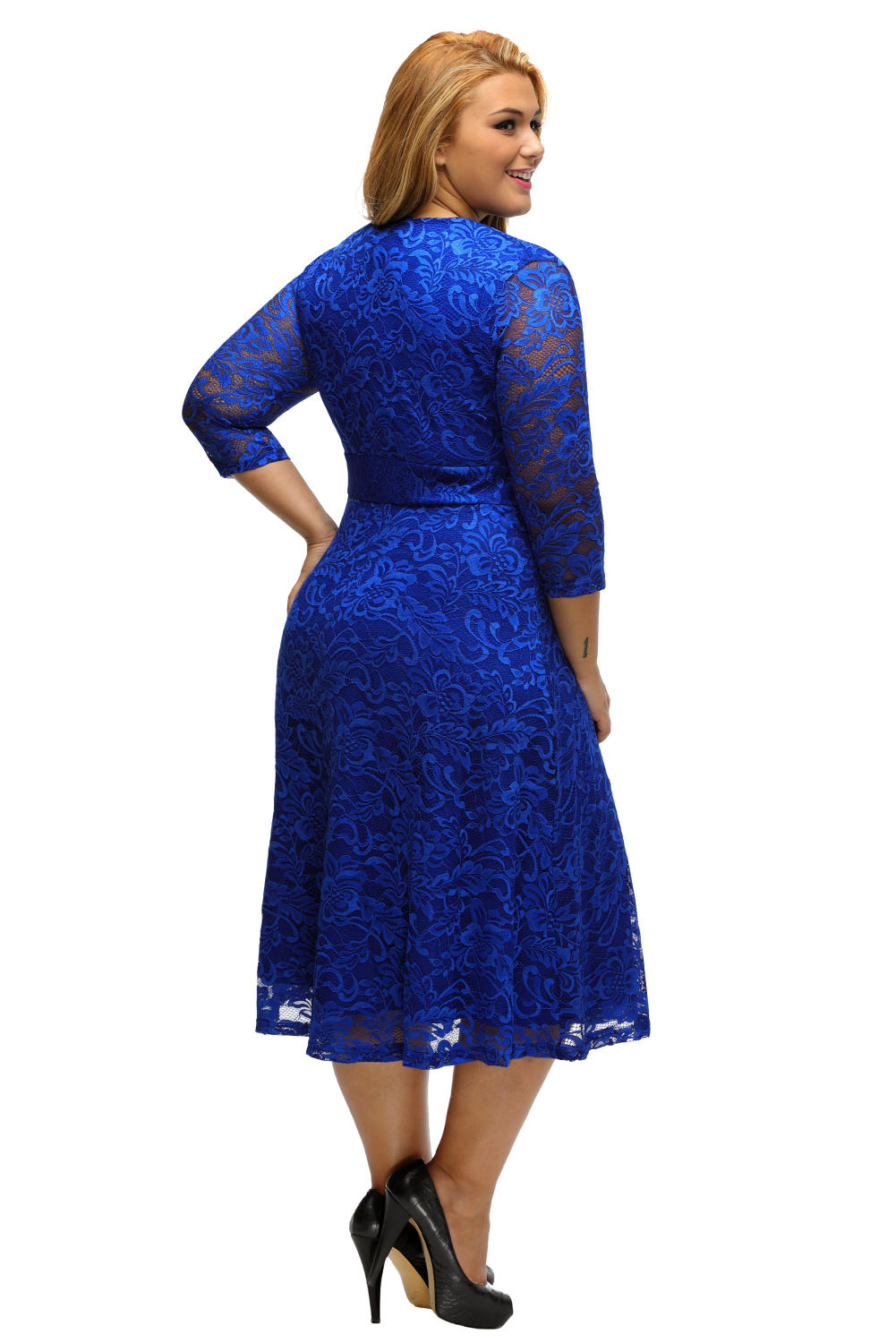 BY61442-4 Blue Plus Size Surplice Lace Formal Skater Dress